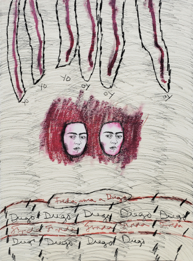 Magali Lara, Frida ama a Diego, pastel, grafito y recorte de papel sobre papel de algodón,1979.