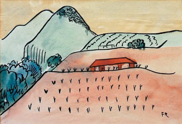 Fermín Revueltas, Pueblo con montañas, acuarela sobre papel, 1924.
