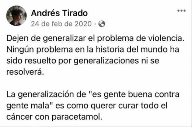 Mensaje de Facebook de Andrés Tirado
