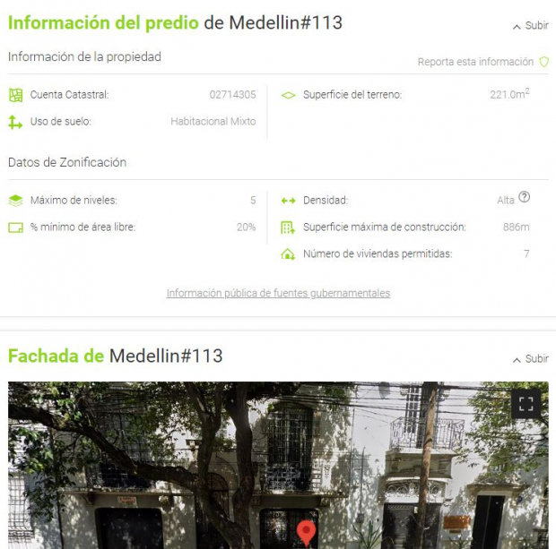 Datos del inmueble de Medellín 113, colonia Roma