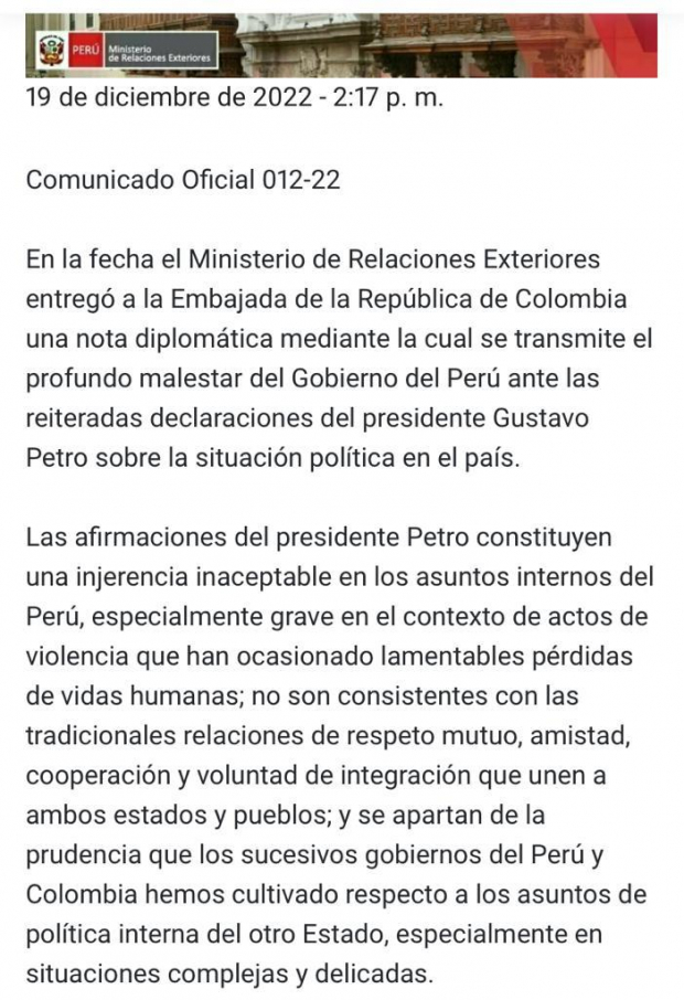 En una nota diplomática, Perú llama a Gustavo Petro a no inmiscuirse en temas internos.