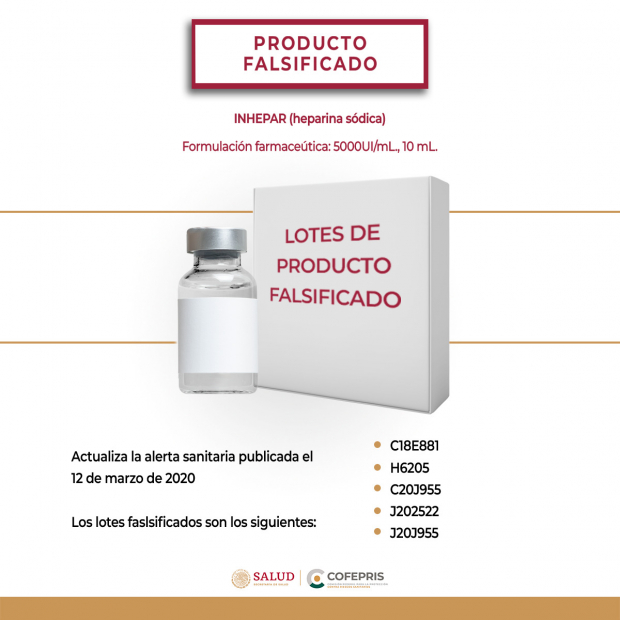 Cofepris alerta sobre la venta ilegal de cinco lotes del medicamento Inhepar de 5000UI/ml, 10 ml.