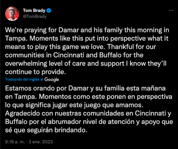 Tom Brady manda mensaje de apoyo para la familia de Damar Hamlin