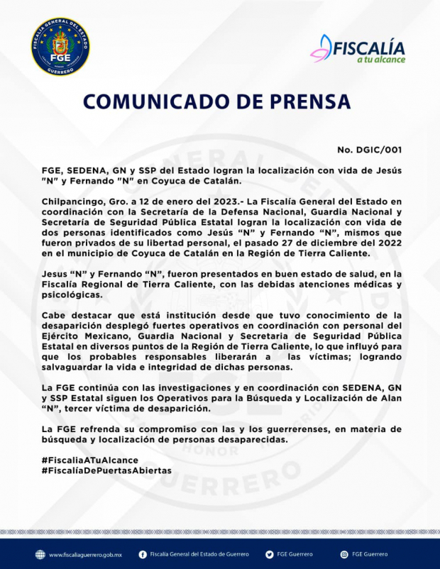 Comunicado de la Fiscalía General del Estado de Guerrero.