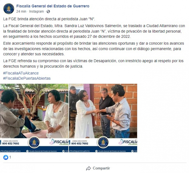 Fiscalía de Guerrero atiende a periodista que fue secuestrado.