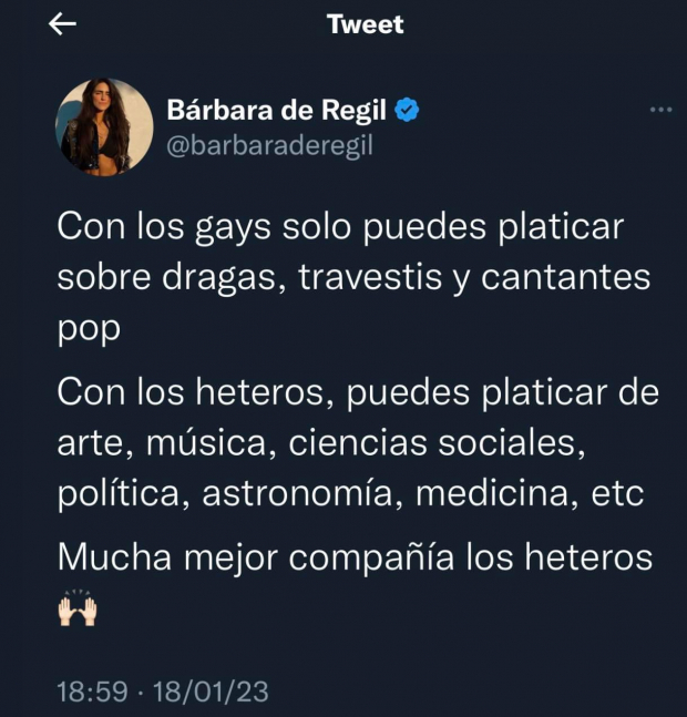 Supuesto tuit de Bárbara de Regil donde ataca a la comunidad gay