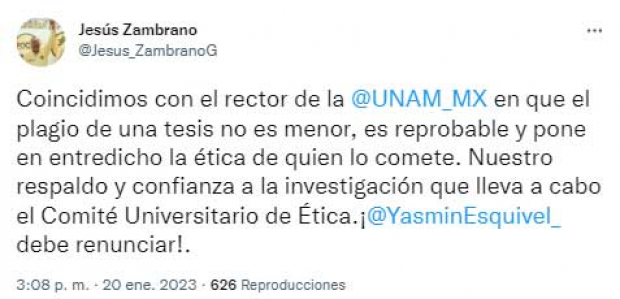 El mensaje de Jesús Zambrano sobre el caso del plagio de tesis en la UNAM