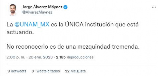 El diputado Jorge Álvarez Máynez indicó que la UNAM es la única que se encuentra actuando en el caso