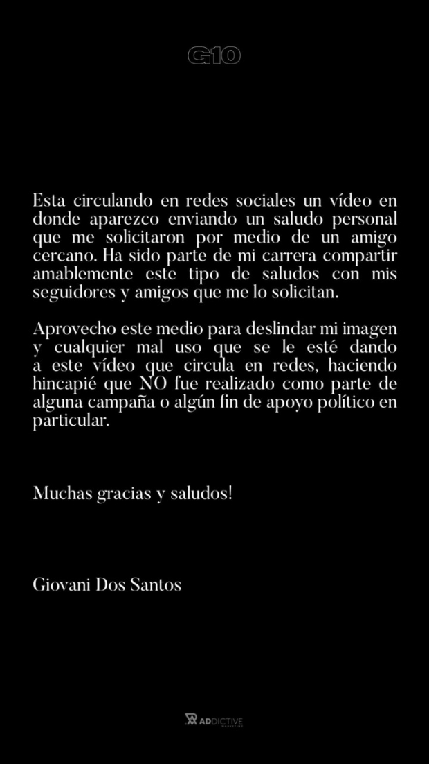 Mensaje de Giovani Dos Santos a través de redes sociales.
