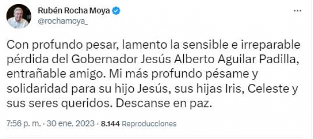 El mensaje en Twitter del gobernador de Sinaloa, Rubén Rocha Moya