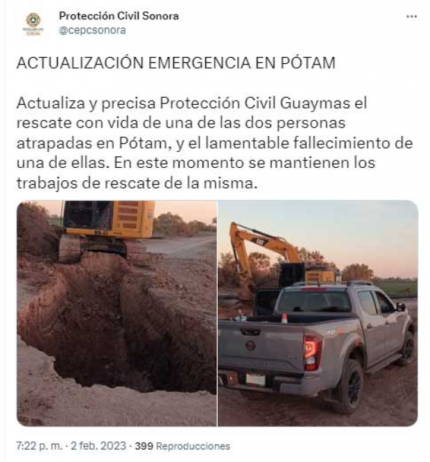 Derrumbe deja una persona fallecida en comunidad Yaqui de Pótam, Sonora
