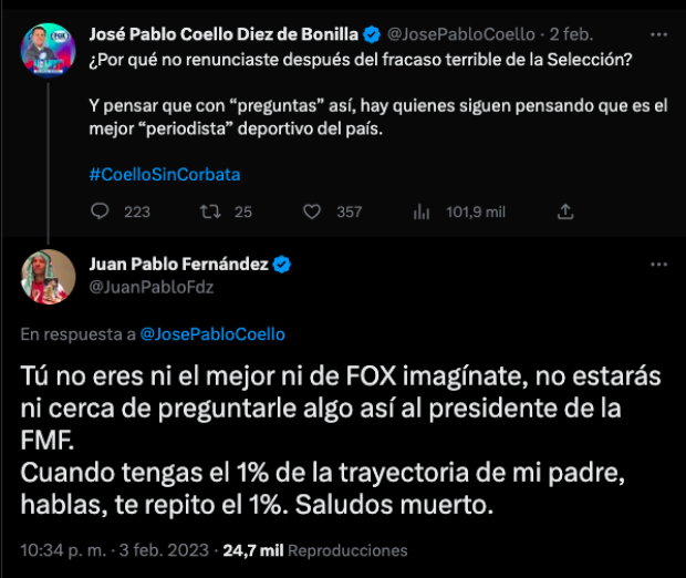 José Pablo Coello puso un mensaje en su cuenta de Twitter y aunque no dijo nombres, Juan Pablo Fernández sintió que fue para su padre