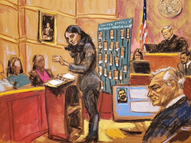 Genaro García, en un boceto que ilustra el juicio que se lleva a cabo en una corte de Nueva York.