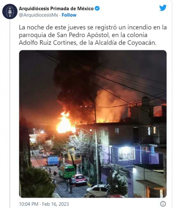 La Arquidiócesis Primada de México agradeció el apoyo para apagar las llamas