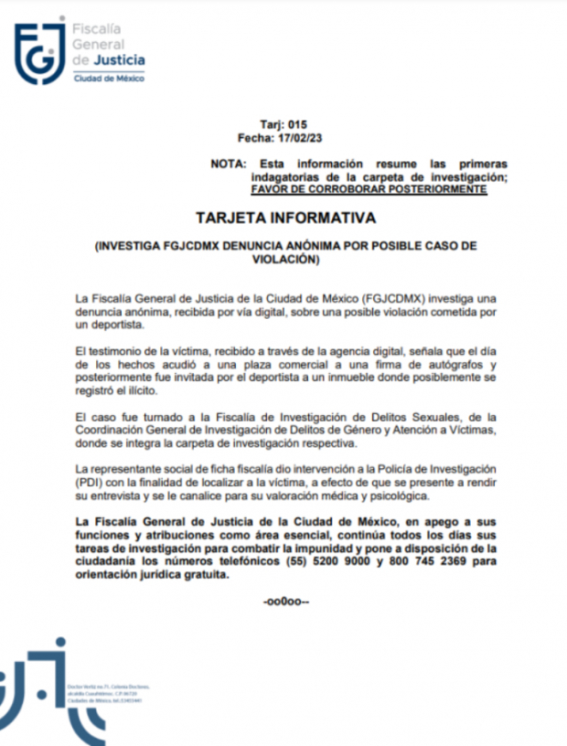 FGJCDMX sobre el caso de presunta agresión sexual del Palermo Ortiz.