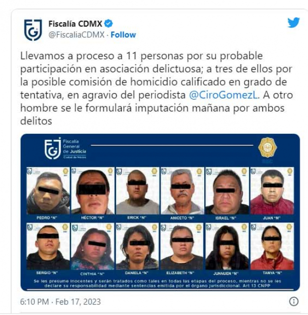 Vinculan a proceso a 3 personas por homicidio calificado contra el periodista Ciro Gómez Leyva; ocho más, por asociación delictiva