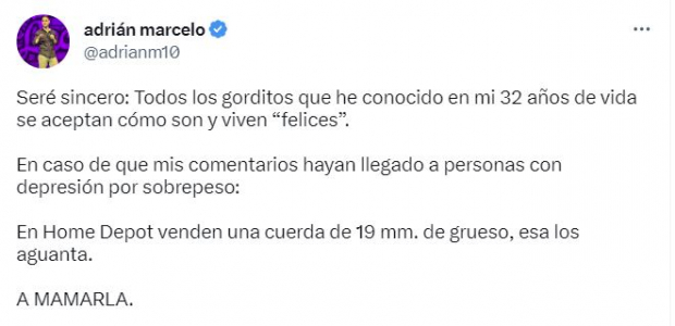 Adrián Marcelo y su tuit que sugiere a personas con sobre peso atentar contra su vida