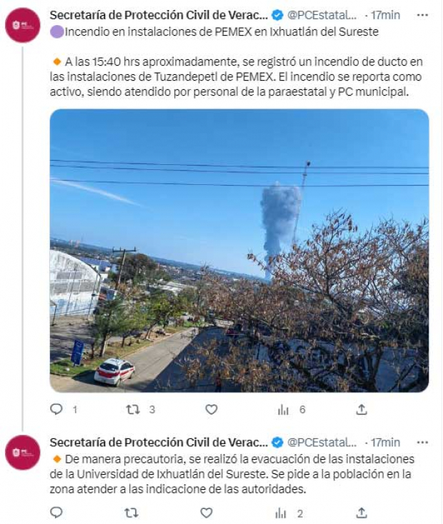 El mensaje en redes sociales de PC-Veracruz por el incendio de un ducto de Pemex