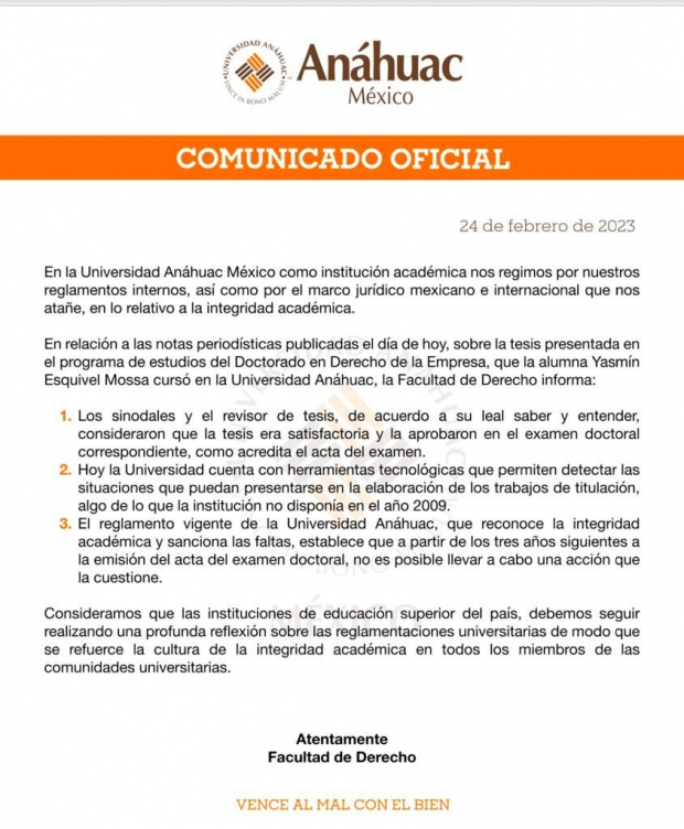 El comunicado de la Universidad Anáhuac