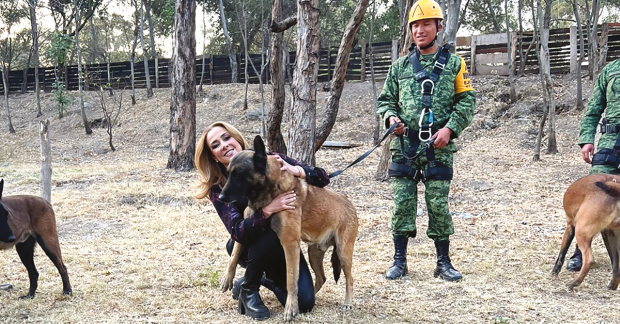 Bibiana Belsasso con binomios caninos de rescate, tras entrevistar a elementos del Ejército.