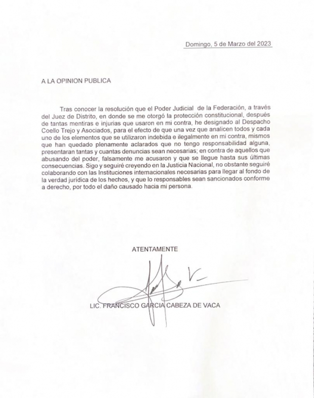 La carta a la opinión pública del exgobernador Francisco Javier García Cabeza de Vaca