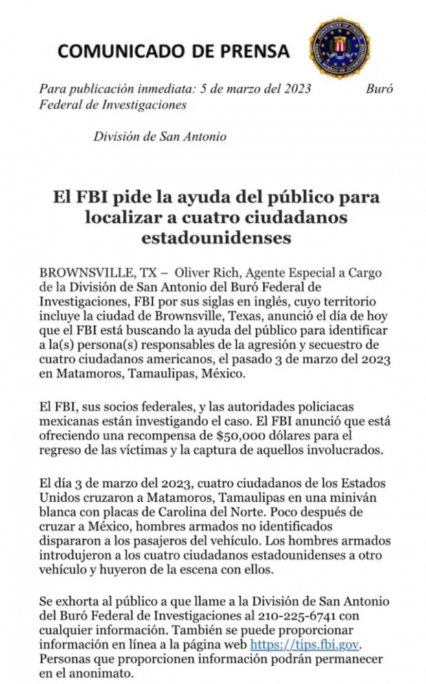 Comunicado publicado por FBI sobre caso de Matamoros.