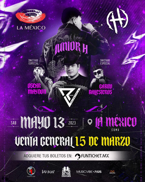 Cartel promocional del concierto de Junior H, Remmy Valenzuela, Gabito Ballesteros y Óscar Maydon en la CDMX