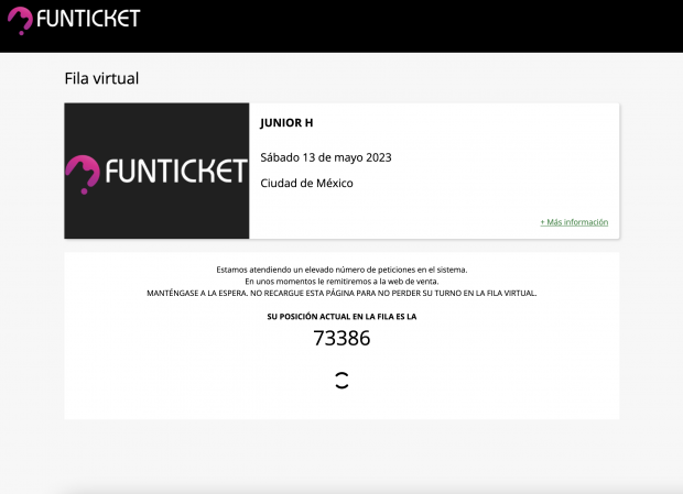 Captura de pantalla de la fila virtual en la página de FunTickets