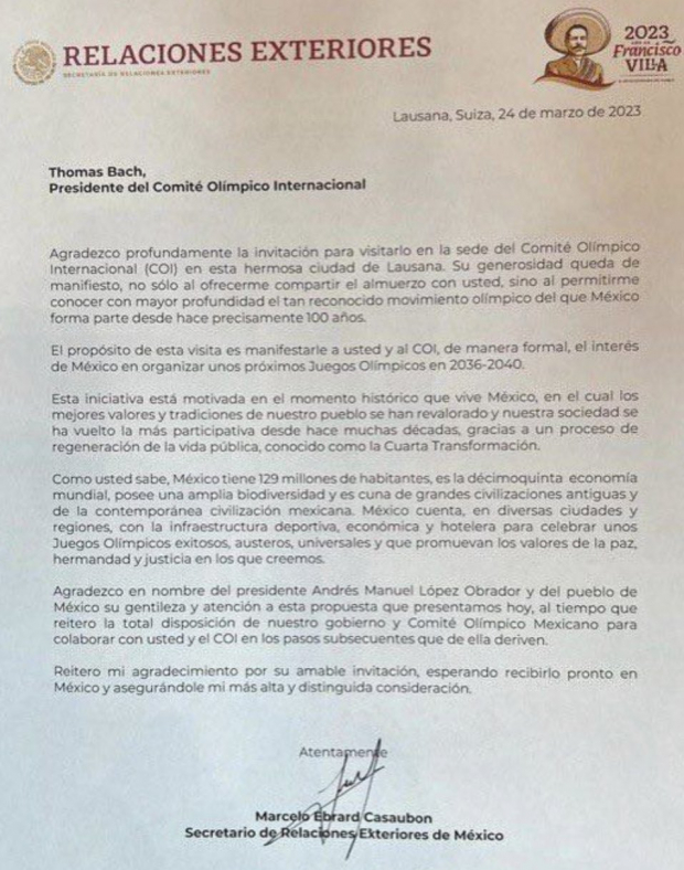 La carta que recibió Thomas Bach, presidente del Comité Olímpico Internacional, para postular a México como sede de los Juegos Olímpicos 2036-40.