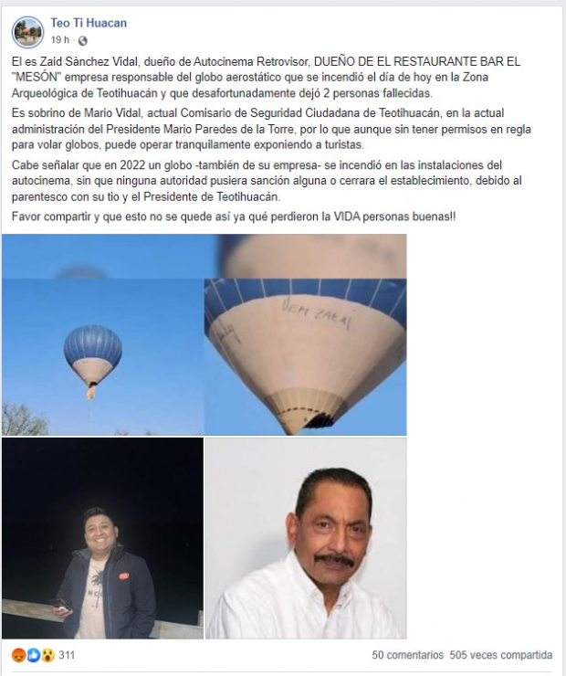 Publicación en Facebook que denuncia a presunto dueño de empresa que ofertó servicio de vuelo en globo.