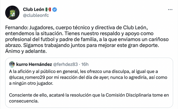 León pide respeto y apoya al árbitro.