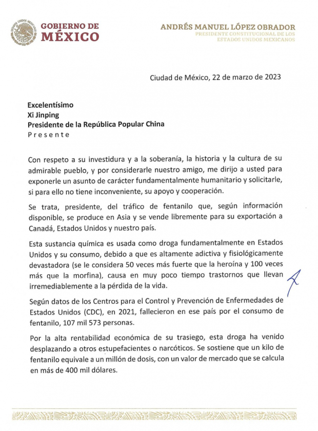 Carta enviada por el Gobierno mexicano a China, parte uno.