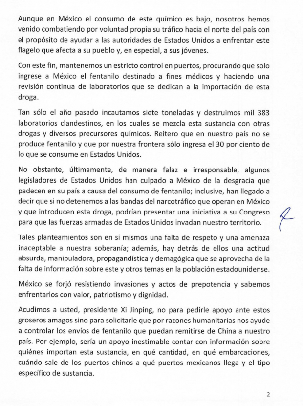 Carta enviada por el Gobierno mexicano a China, parte dos.