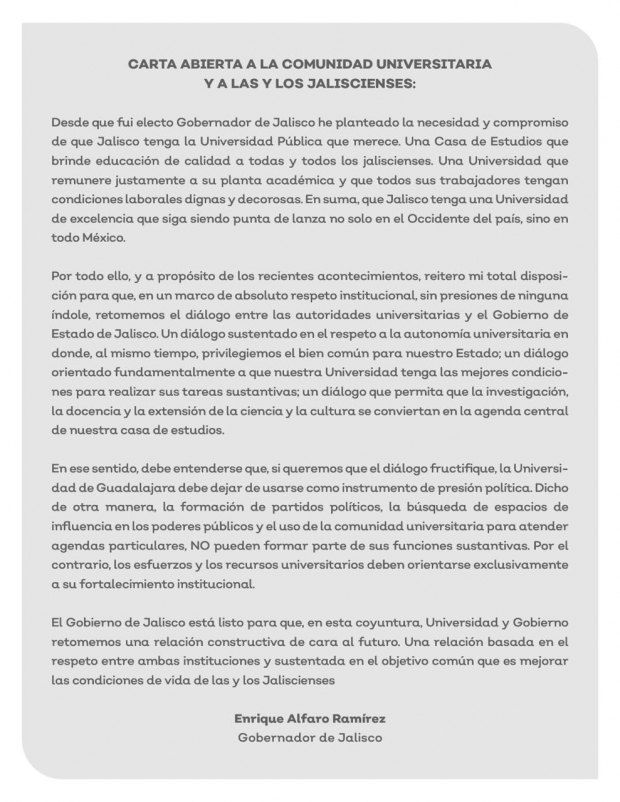 Enrique Alfaro convoca a autoridades universitarias a un diálogo con respeto, con el objetivo de construir la universidad que Jalisco necesita