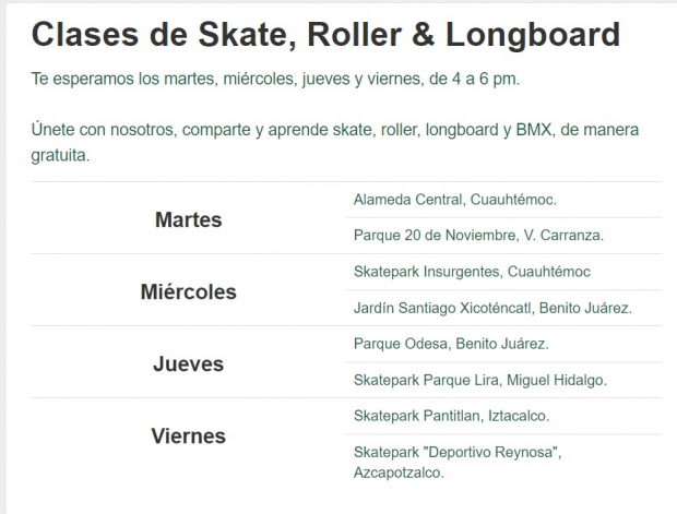 Horarios de las clases de Skate Injuve, Roller & Longboard del Injuve.