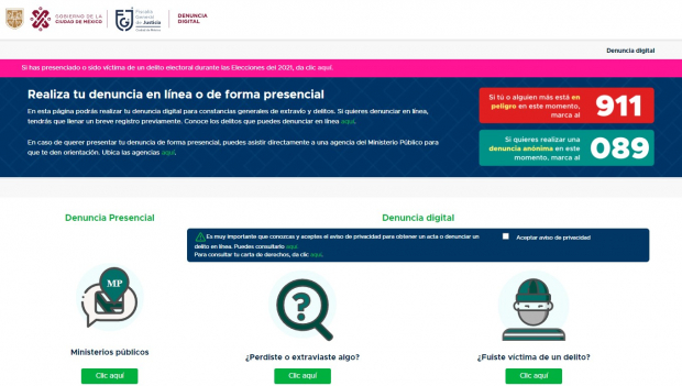 Interfaz de la plataforma de denuncia digital del Gobierno CDMX.