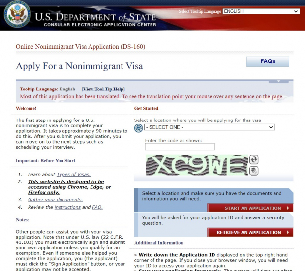 Así luce la página del formulario para tramitar la visa por primera vez.