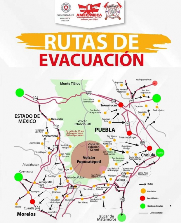 Puebla contempla 10 rutas de evacuación ante explosión del volcán Popocatépetl.