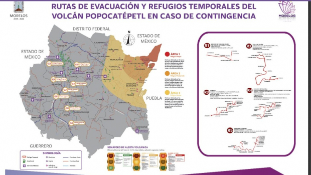 Rutas de evacuación de Morelos en caso de erupción del volcán Popocatépetl.