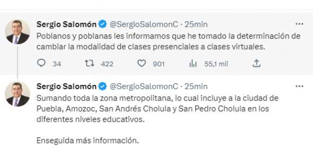 El mensaje del gobernador de Puebla en redes sociales