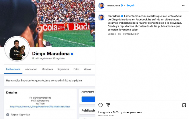 La cuenta de Facebook de Diego Armando Maradona fue hackeada.