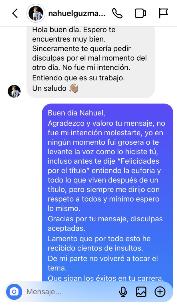 Nahuel Guzmán se disculpó con la reportera a la que insultó.
