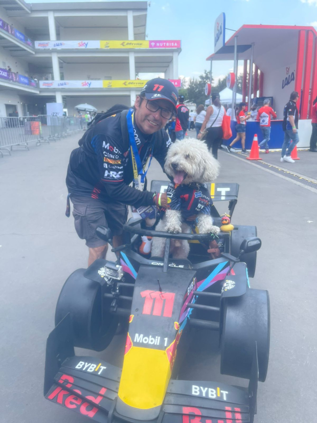 Fabbio es un perrito celebridad en redes sociales, pues se hizo famoso desde que viaja en una réplica del Red Bull de Checo Pérez