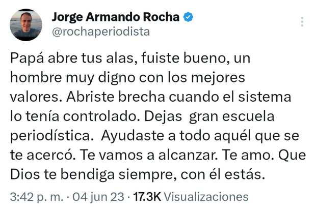 El hijo de Ricardo Rocha lo despide con emotivo mensaje