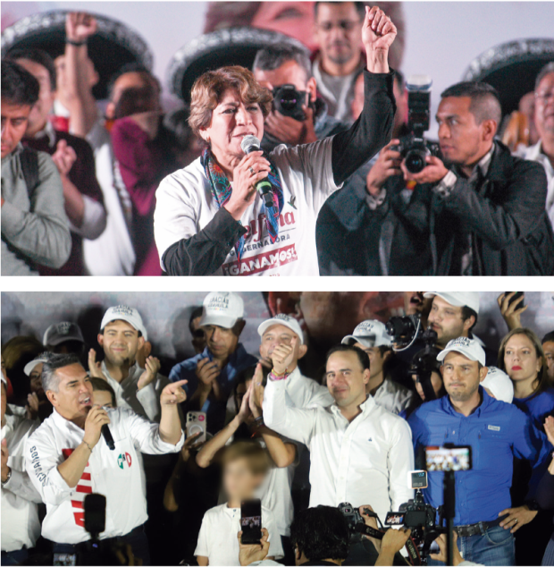 Los virtuales gobernadores del Edomex (arriba) y Coahuila, el domingo, en conferencia de prensa tras conocer los resultados del conteo rápido.