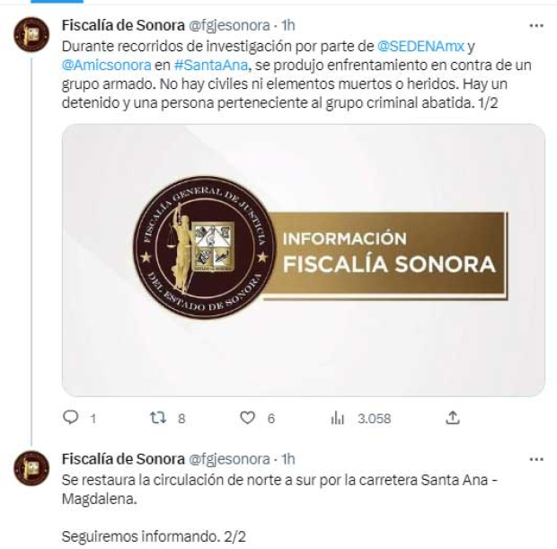 El mensaje de la Fiscalía General de Justicia del Estado de Sonora en su cuenta de Twitter