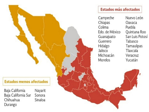 Durante la canícula, los principales estados afectados son: Veracruz, Tabasco, Tamaulipas, Nuevo León, San Luis Potosí, Colima, Michoacán, Guerrero, Oaxaca y Chiapas.