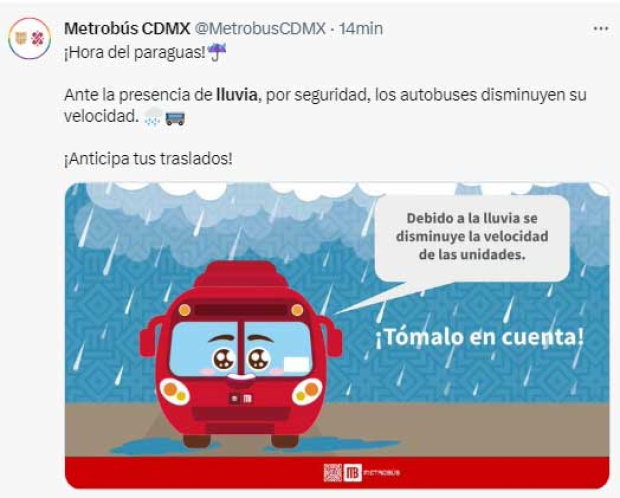 Metrobús CDMX reduce velocidad por lluvia