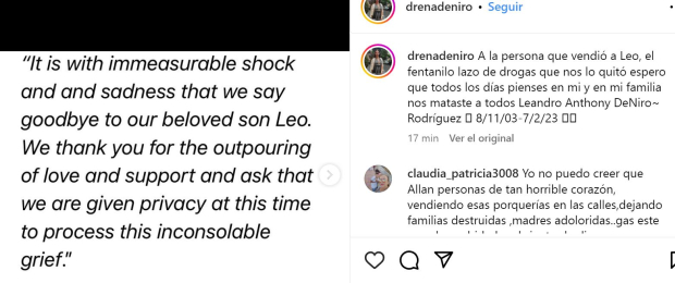Drena De Niro anuncia que su hijo Leandro murió por la droga fentanilo