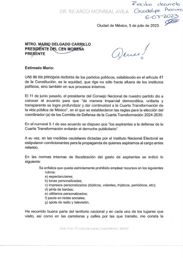 Carta que Ricardo Monreal remitió a Mario Delgado (uno).